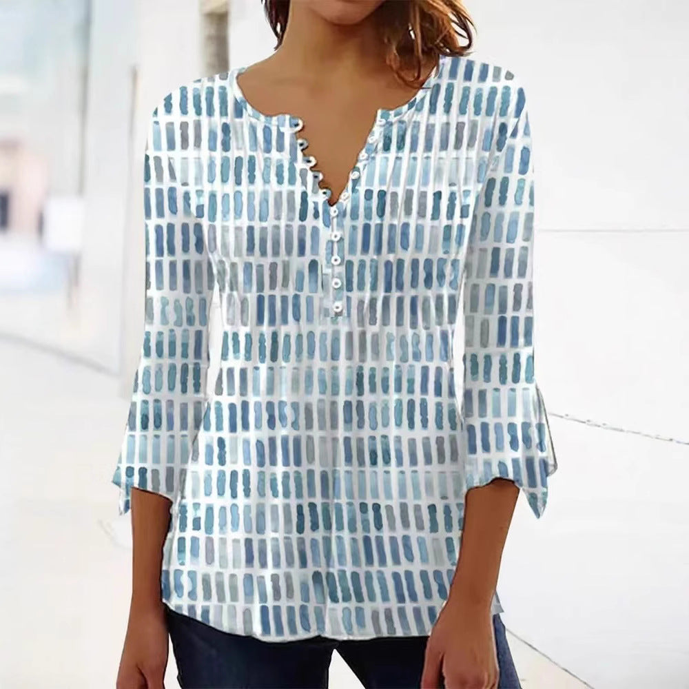Dame langærmet blouse med kunstnerisk mønster og knapliste Stilla