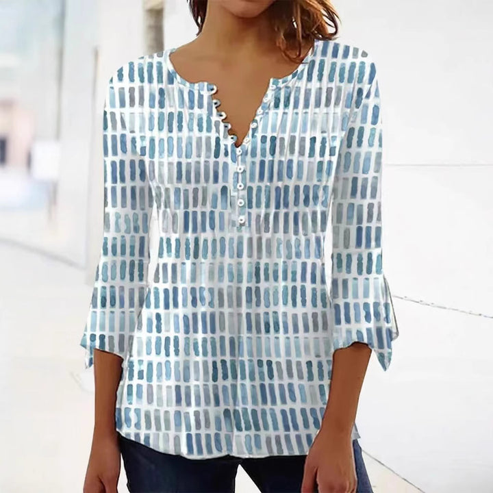Dame langærmet blouse med kunstnerisk mønster og knapliste Stilla