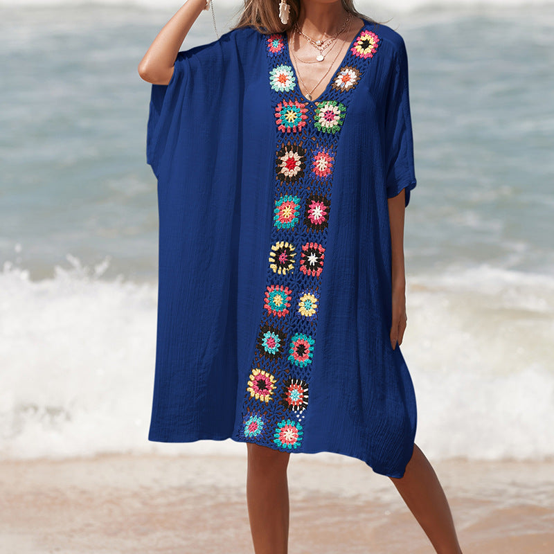 Dame hæklede strandtunika i afslappet oversized stil med farverige applikationer Skovae