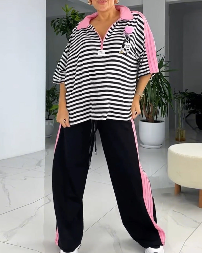 Dame nan lækkert to-delt Polo-Lounge-sæt med oversize-striber, pompom-applikation og kontrasterende sidebaner Skovae