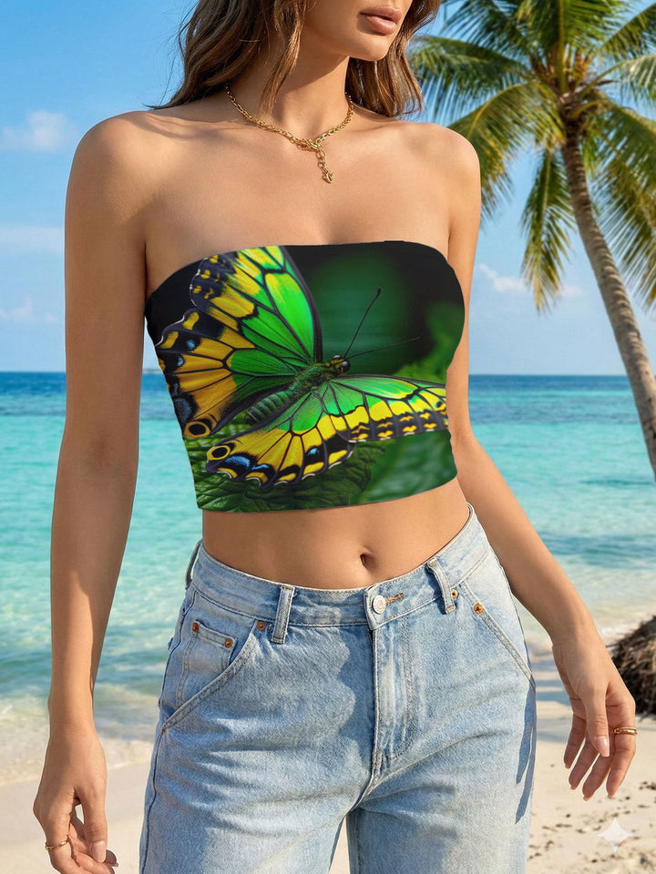 Dame Bandeau-top med blomsterfuglemotiv og elastisk pasform Skovae
