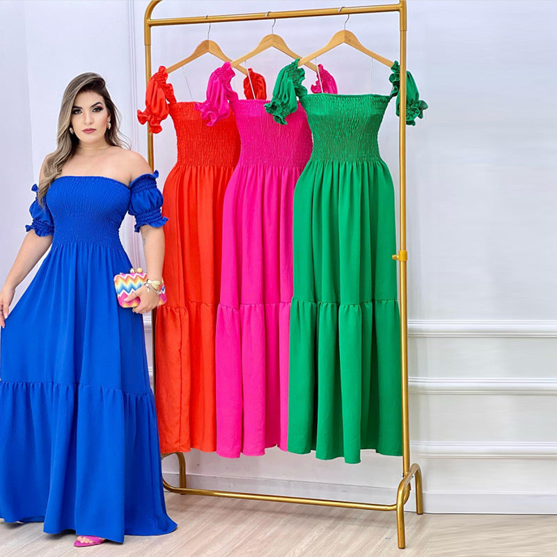 Dame Off-Shoulder Maxikjole med voluminøse pufærmer og nostalgisk rynkning Stilla