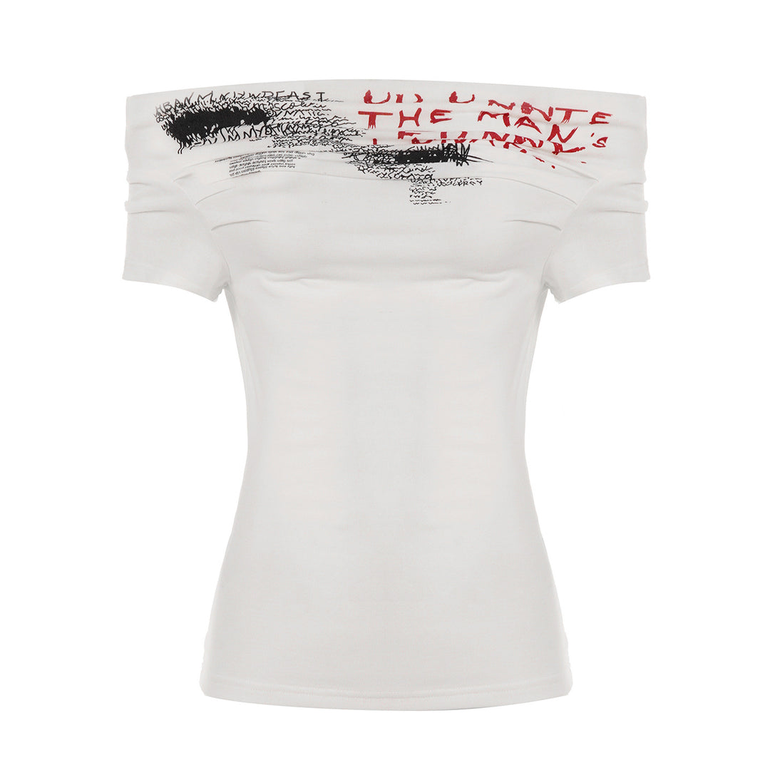 Dame Off-Shoulder T-Shirt med kunstnerisk tryk og tætsiddende pasform Skovae