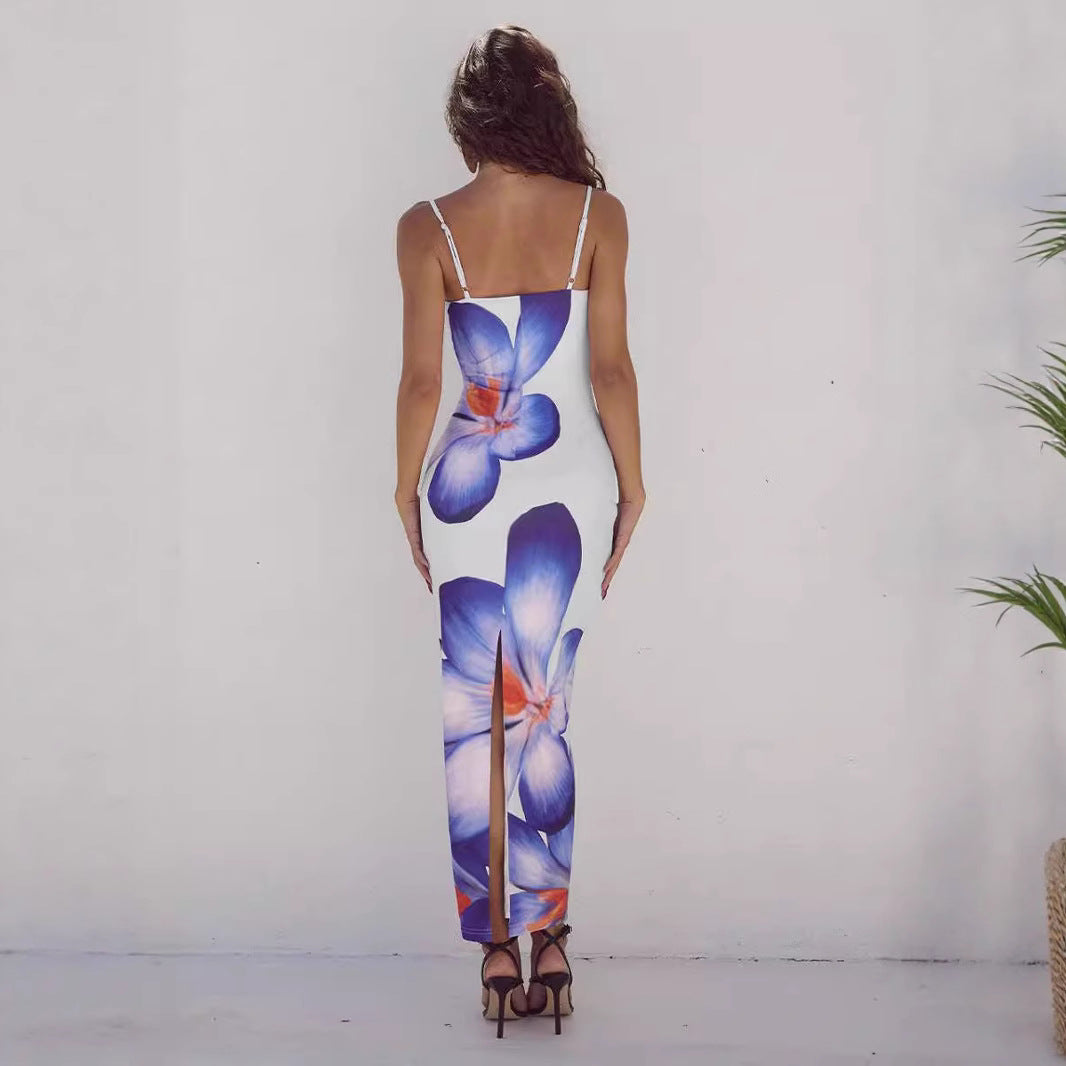 Dame Maxikjole med blomsterprint og spaghettistropper Stilla
