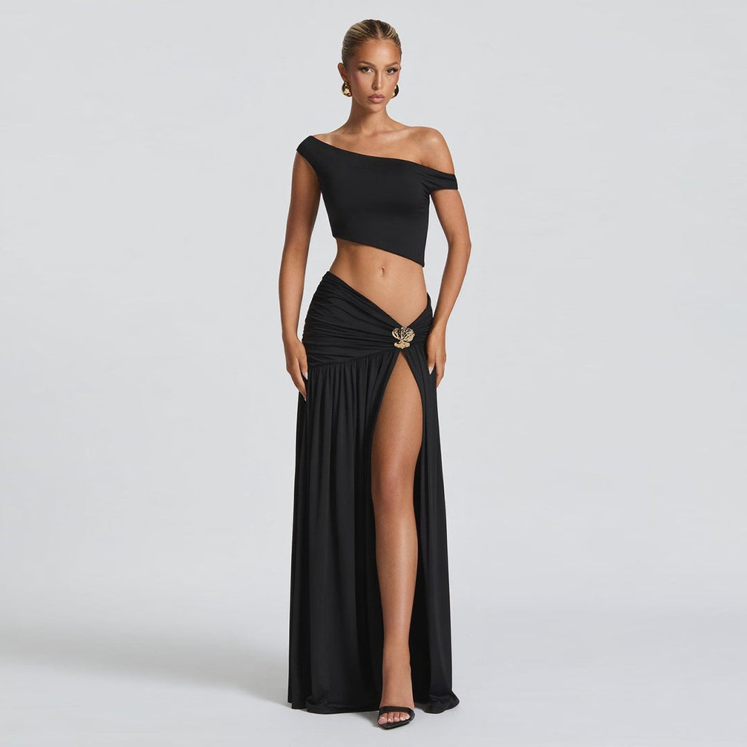 Dame Elegant Crop Top og Højskåret Maxi Nederdel Sæt Skovae