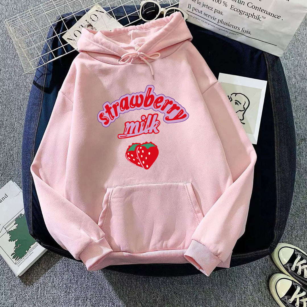 Dame hætte sweatshirt med munter jordbær mælk design Skovae