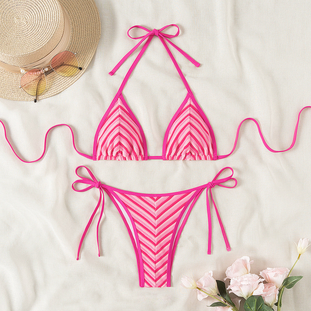 Dame triangel-bikini med justerbare bånd og stribedesign Stilla