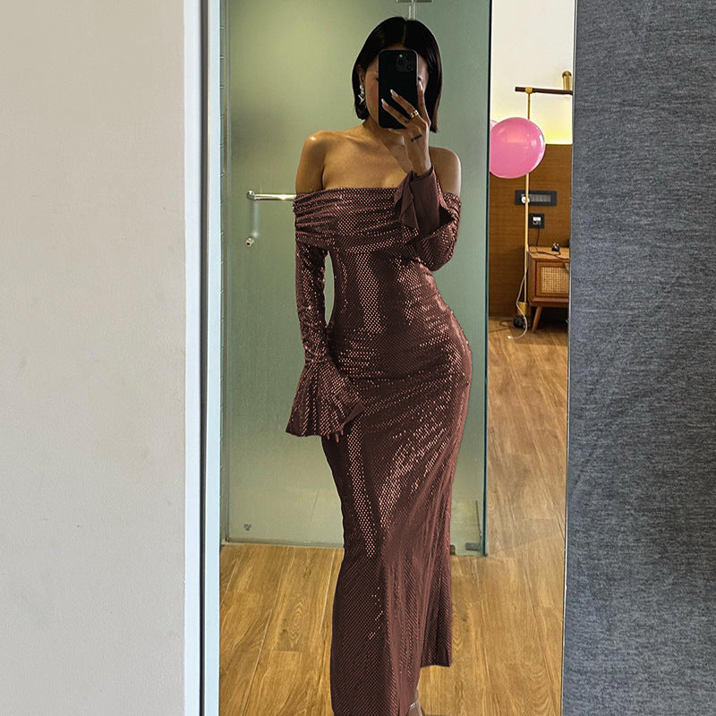 Dame Off-Shoulder Pailletter Maxi Kjole Stilla