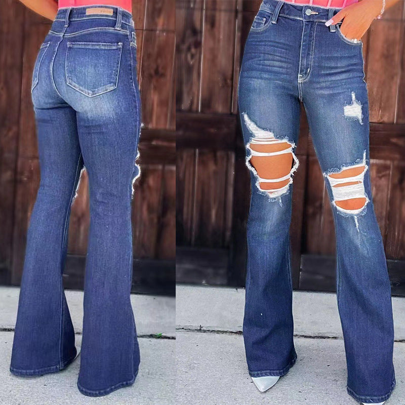 Dame udvidede jeans med fashionable beskadigede effekter og høj talje Skovae