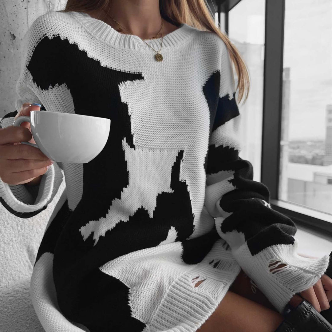 Kvindernes chunky strikkede oversized sweater med spændende grafisk design Stilla