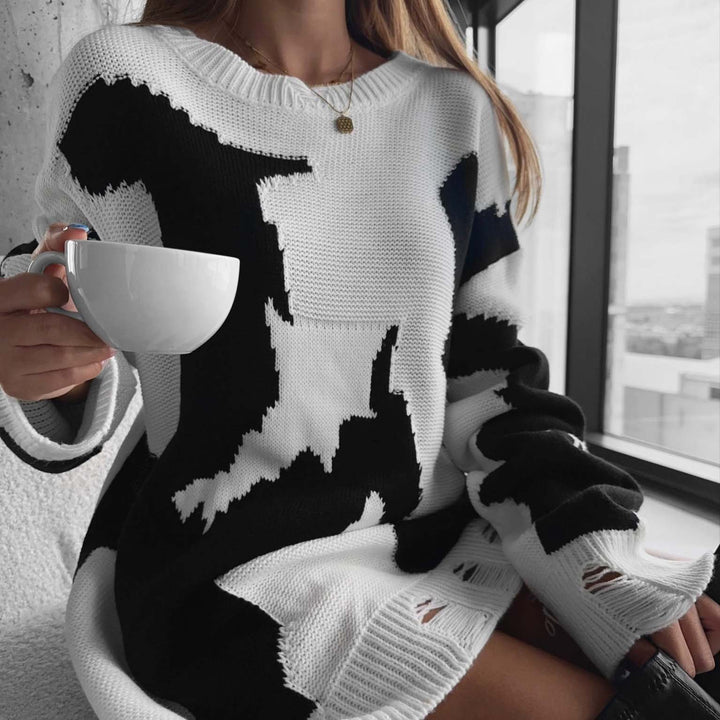 Kvindernes chunky strikkede oversized sweater med spændende grafisk design Stilla