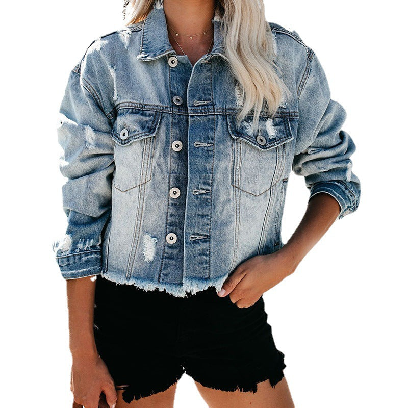 Dame afslappet denimjakke med stilfuldt used-look og iøjnefaldende frynser Stilla