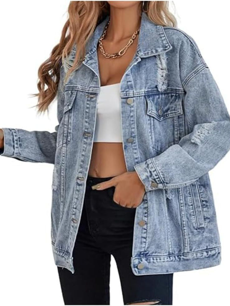 Dame afslappet denimjakke i oversized snit med vintage-accenter Stilla