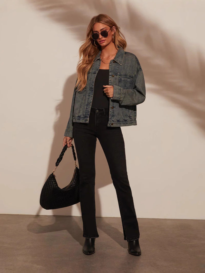 Dame Oversized Denim-jakke i afslappet snit med praktiske lommer Stilla