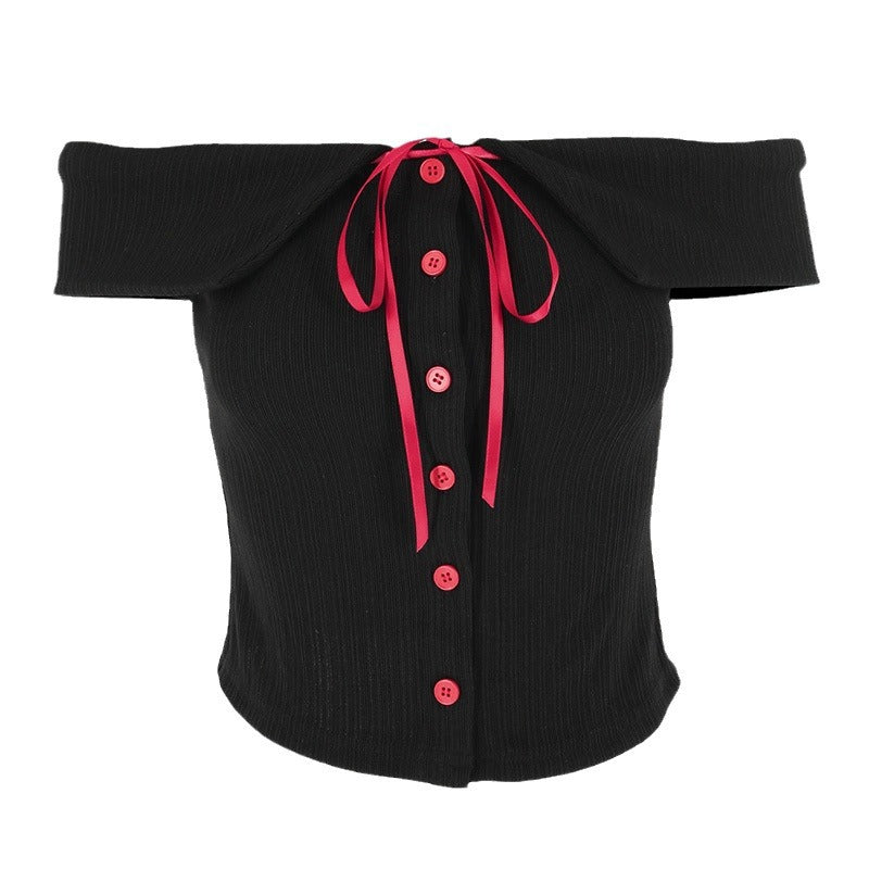Dame Off-Shoulder Bluse med kontrastknapper og taljebånd Skovae