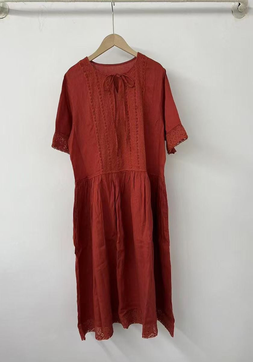 Dame Elegant Baumwolle Midi Kjole med Spids Detaljer Stilla