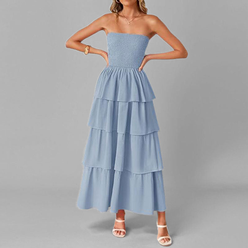 Dame Lang Rynketkjole med off-shoulder design og elastisk overdel Stilla
