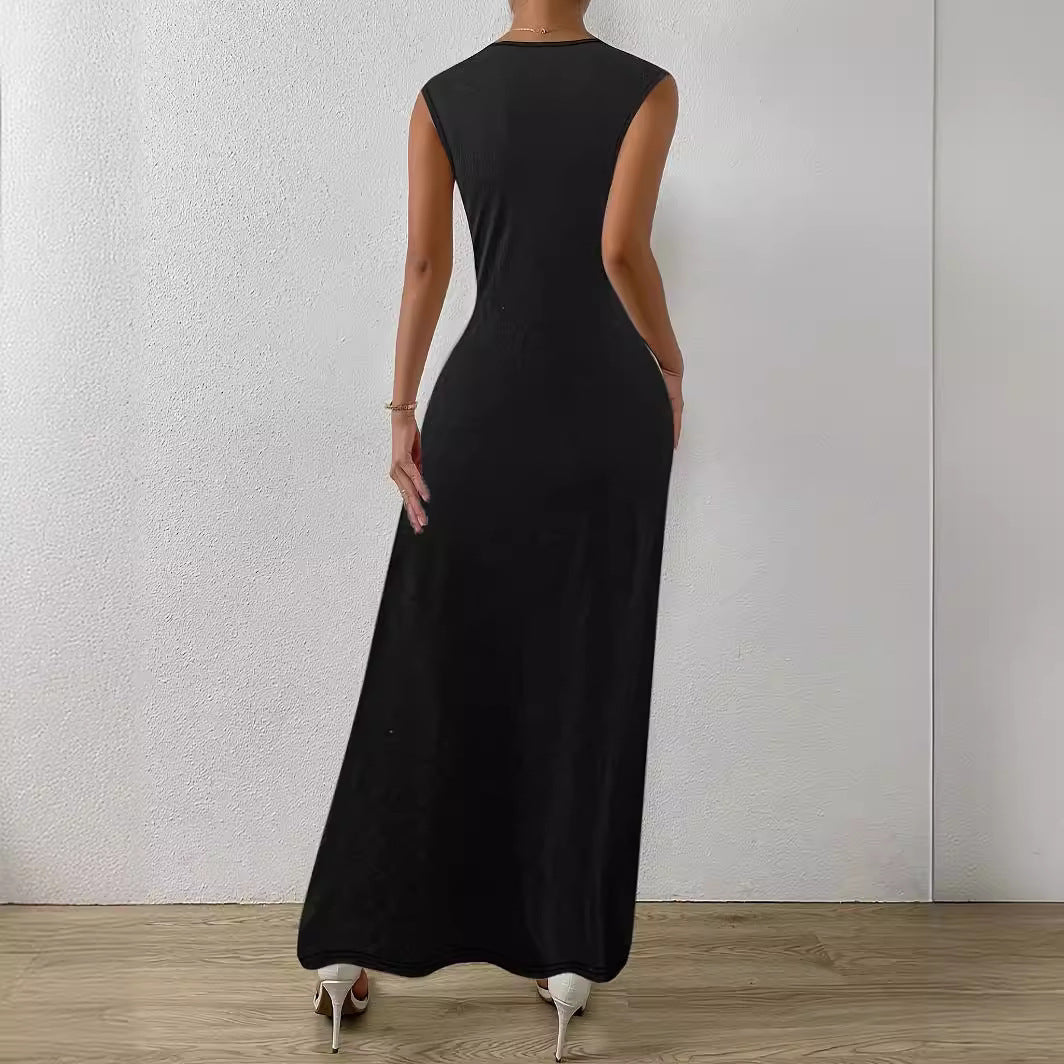 Dame elegant A-linje maxikjole med side rynkning Stilla