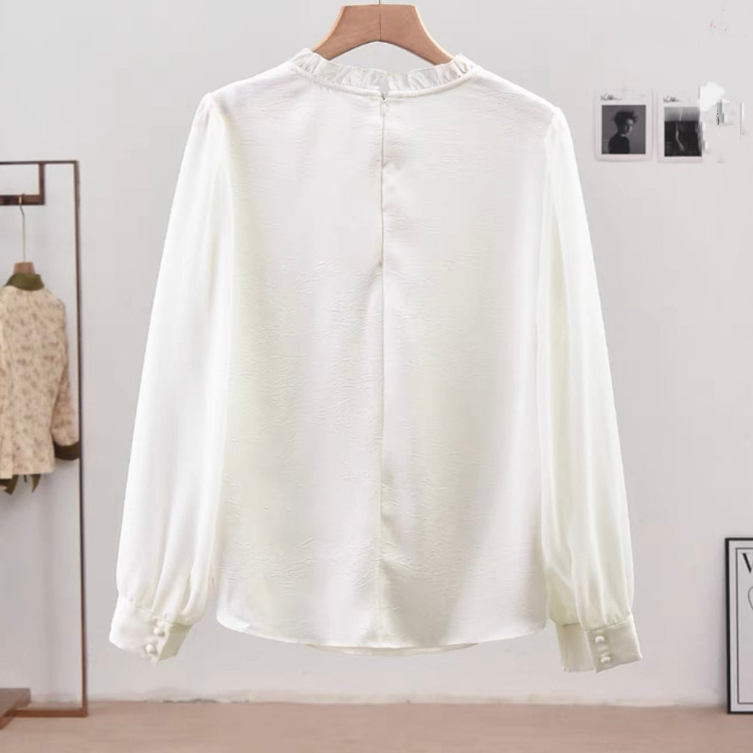 Dame Elegant Bluse med Flæsedetaljer og PerleacCenter Stilla