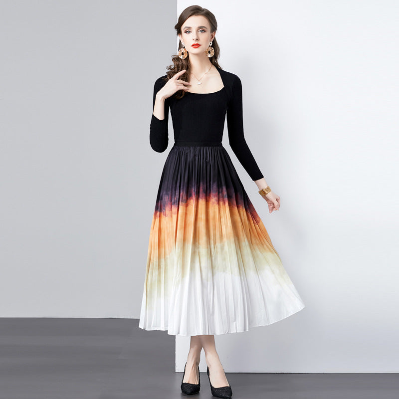 Dame Plisseret Maxikjole med farvegradient Skirt og elegant V-udskæring Stilla