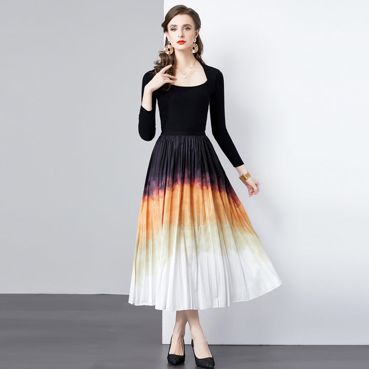 Dame Plisseret Maxikjole med farvegradient Skirt og elegant V-udskæring Stilla