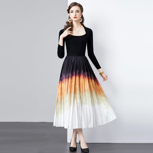 Dame Plisseret Maxikjole med farvegradient Skirt og elegant V-udskæring Stilla