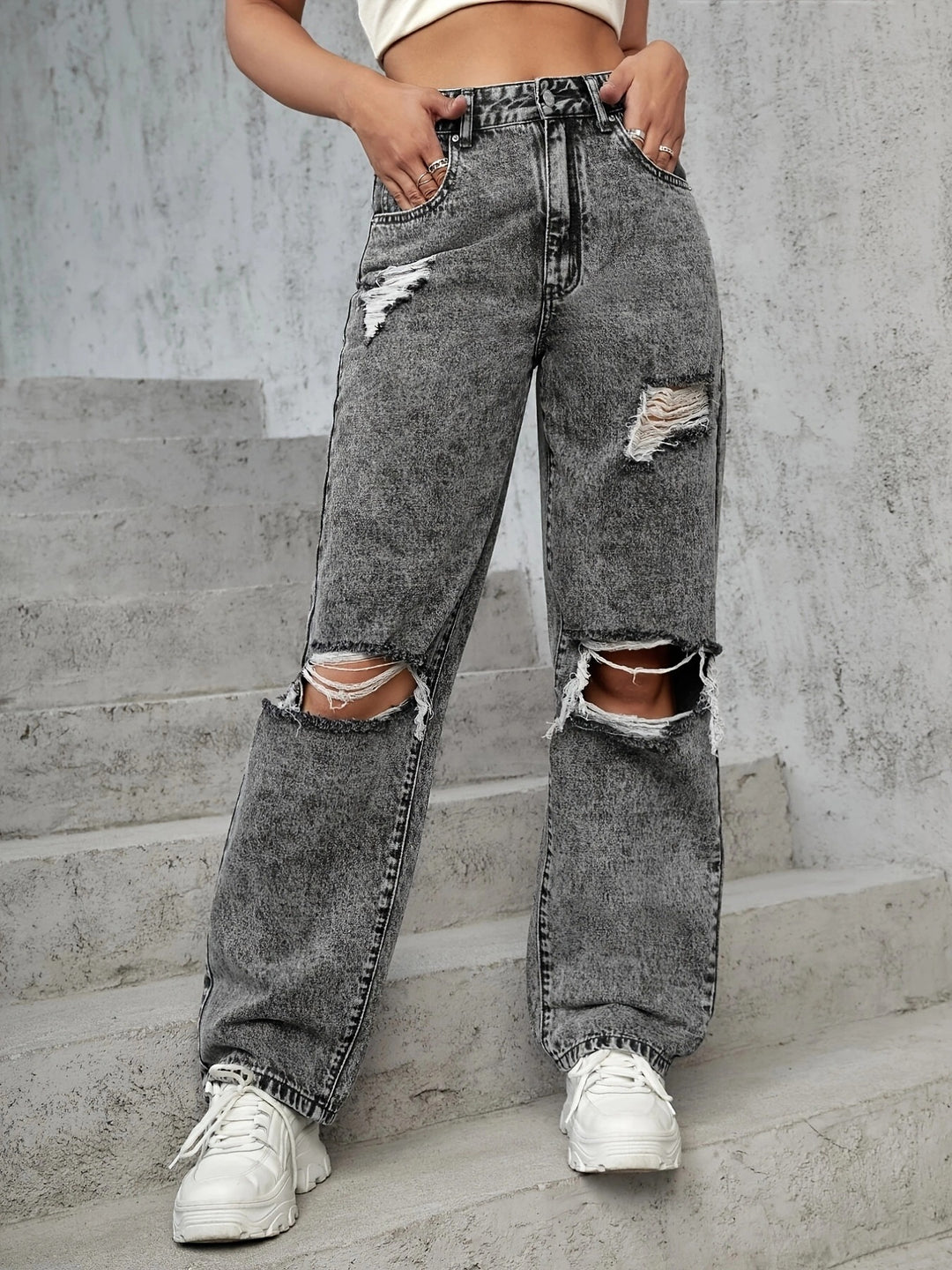 Dame brede Destroyed Jeans med afslappet pasform og stilfulde revnedetaljer Stilla