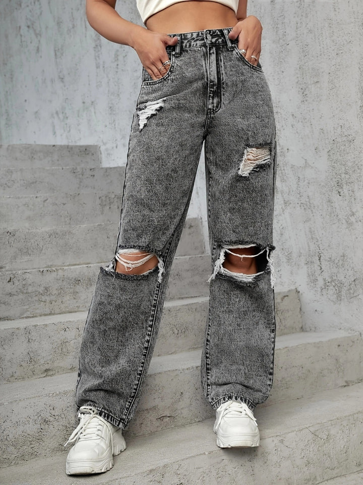 Dame brede Destroyed Jeans med afslappet pasform og stilfulde revnedetaljer Stilla