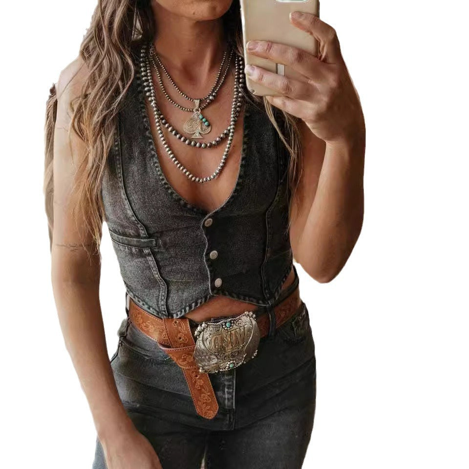 Dame Denim-Bustier-top med detaljerede knaplukninger og klassiske syninger Stilla