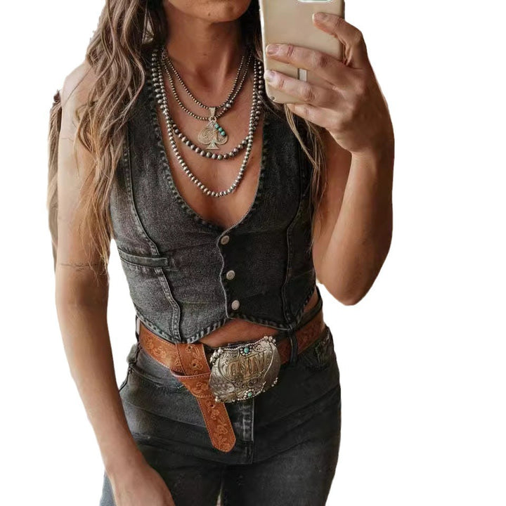 Dame Denim-Bustier-top med detaljerede knaplukninger og klassiske syninger Stilla
