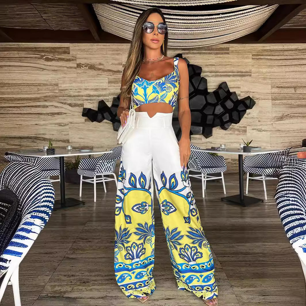 Dame To-delt Outfit med blomstret top og elegante, løstsiddende bukser Stilla