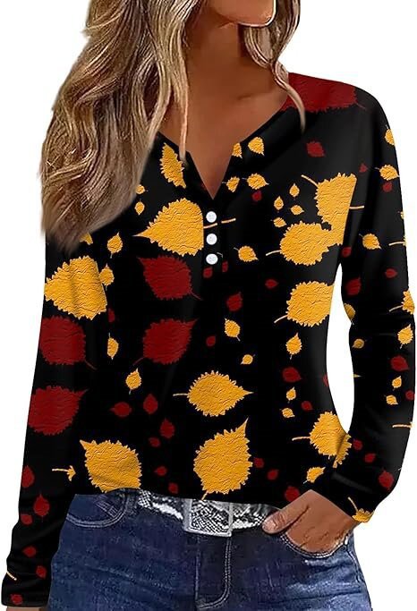 Dame V-hals bluse med farverig bladtryk Stilla