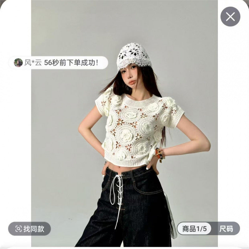 Dame Stor Hæklet Crop-Top med Blomstermotiv Stilla