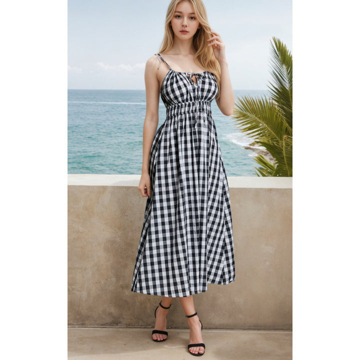 Dame Gingham-print maxikjole med justerbare bindebånd Stilla