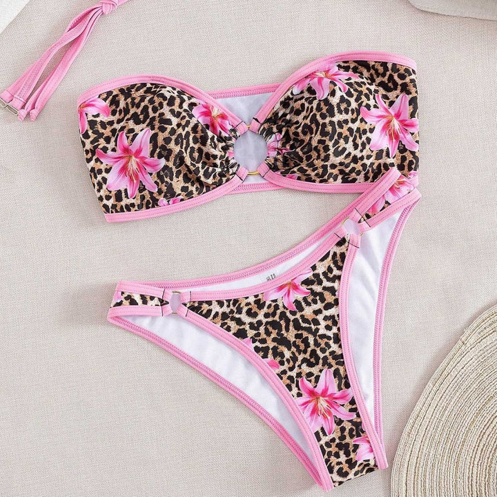 Dame Bandeau-bikini med moderigtigt leopardmønster og dekorativ ringur Skovae