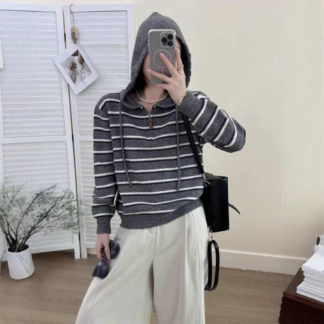 Damer fashionable hoodie sweater med tekstureret stribemønster Stilla