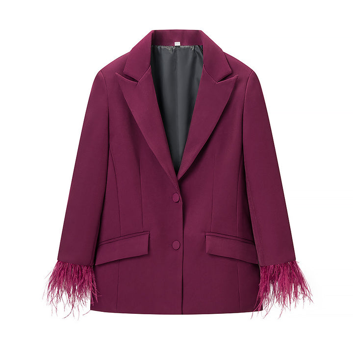 Dame Mode Blazer Jakke med iøjnefaldende Fjer Trim Stilla