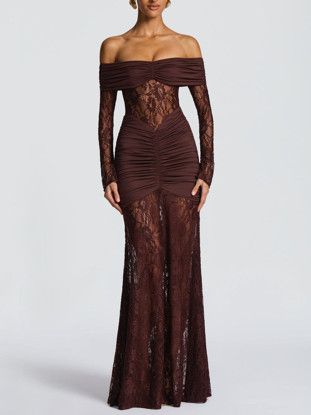 Damer Elegant Spids-Maxikjole med elegant Off-Shoulder Design og Rynker Skovae
