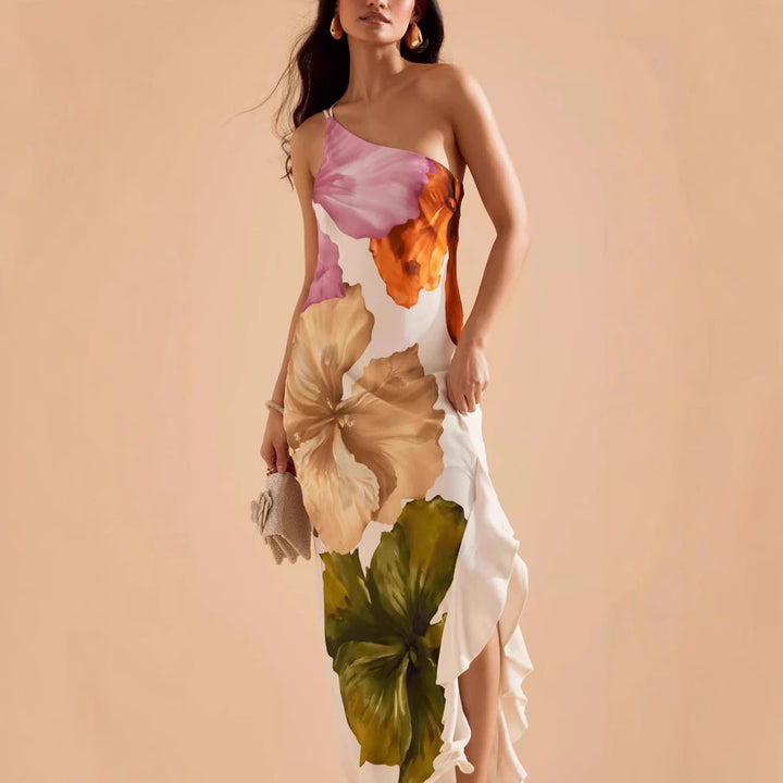 Dame Maxikjole med asymmetrisk snit og blomstermotiver Stiila