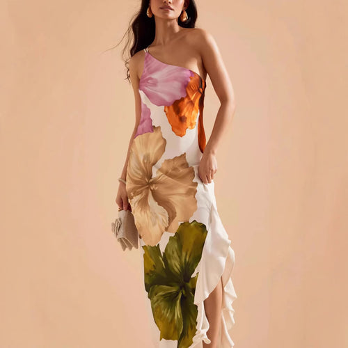 Dame Maxikjole med asymmetrisk snit og blomstermotiver Stiila