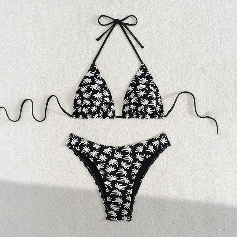 Dame triangel-bikini med glædeligt palme-mønster og høj benudskæring Skovae