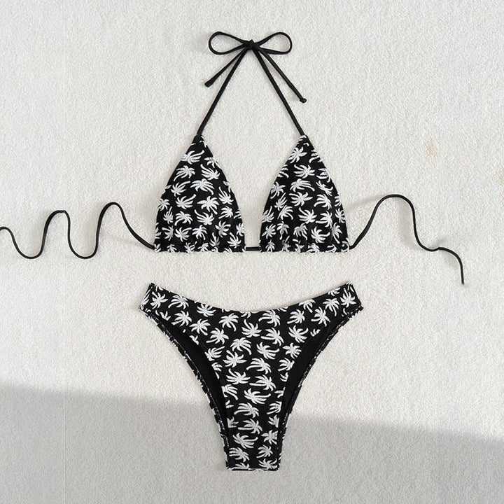Dame triangel-bikini med glædeligt palme-mønster og høj benudskæring Skovae