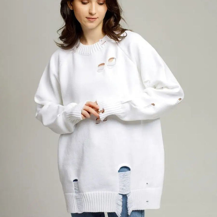Dame Oversized Strikbluse med Frynser og Hul-Design Stilla