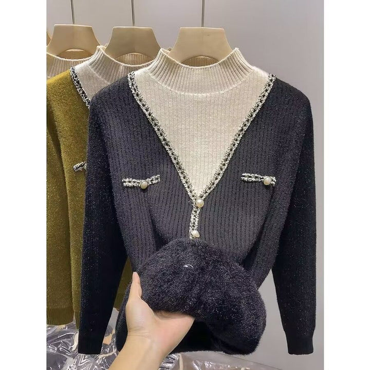 Dame mode V-hals pullover med glimmerdetaljer og knapper Stilla
