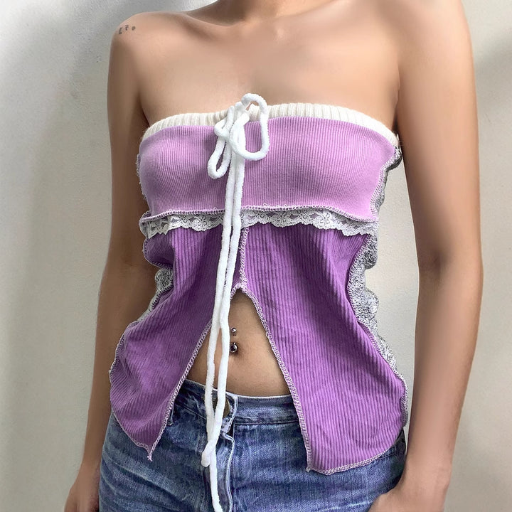 Dame Offshoulder Top med spidsdetaljer og lomme Skovae