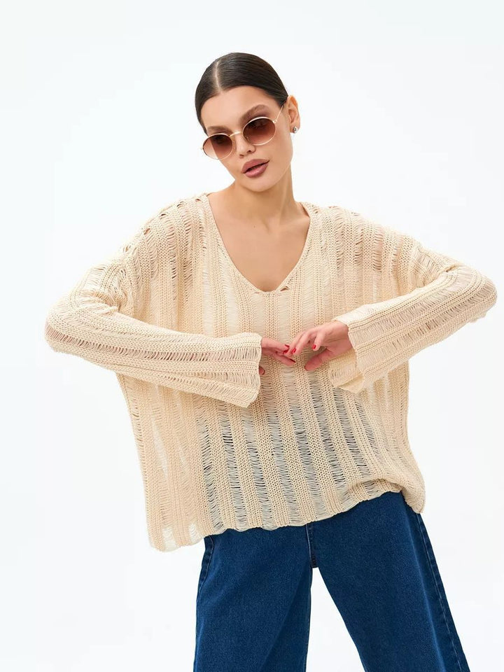 Dame store størrelse sweater i let strikmateriale med raffineret hulmønster Stilla