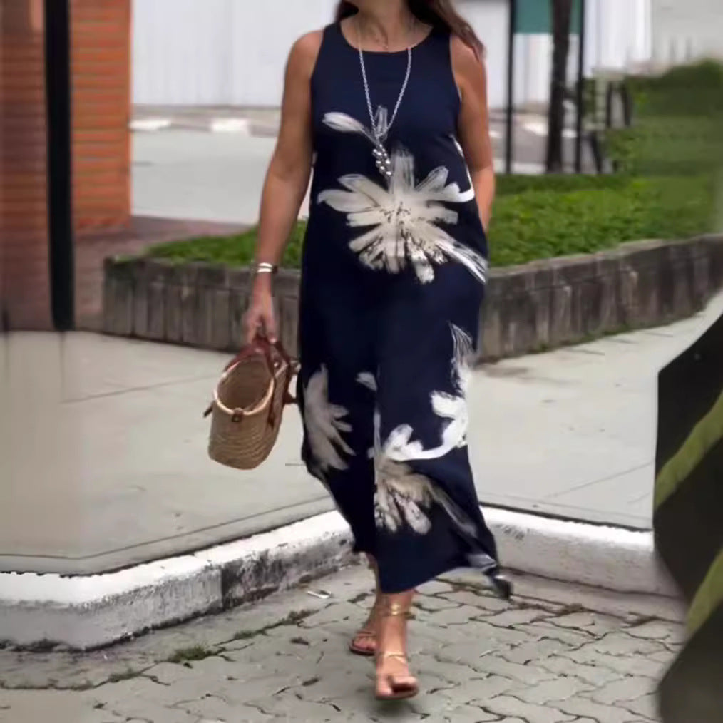 Dame Maxikjole med blomsterprint og sidelommer Stilla