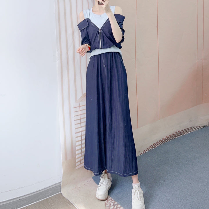 Dame Casual Maxikjole med Lynlås og Off-Shoulder Design Stilla