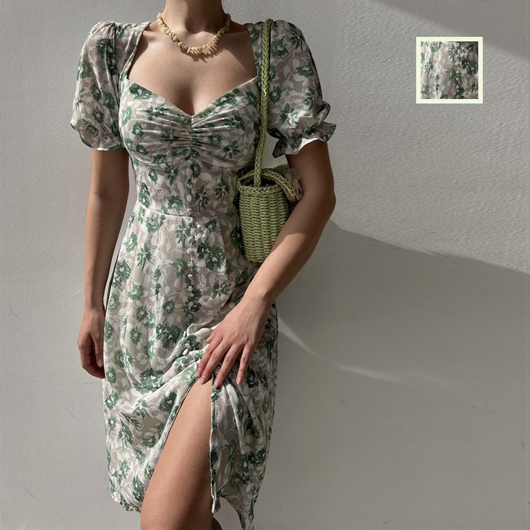 Kvinders blomsterkjole med samlet ærmer og sideslids Skovae