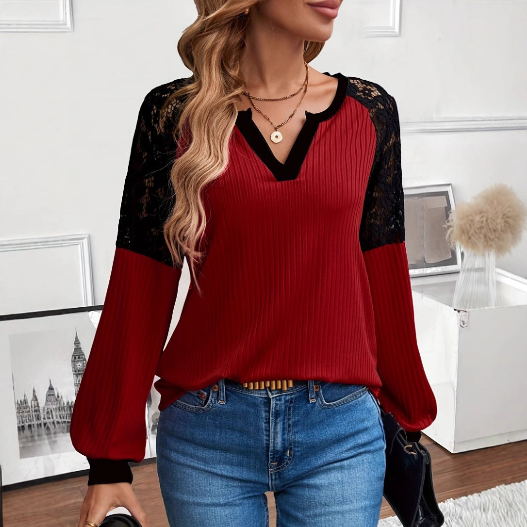 Dame elegant ribbet V-hals bluse med spidsærmer Stilla